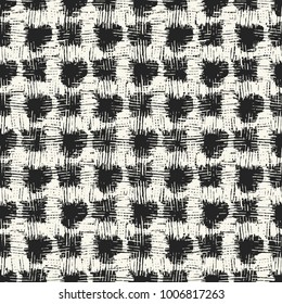 Abstract Monochrome Irregular Textured Checked Motif. Seamless Pattern.
