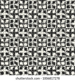 Abstract Monochrome Irregular Textured Checked Motif. Seamless Pattern.