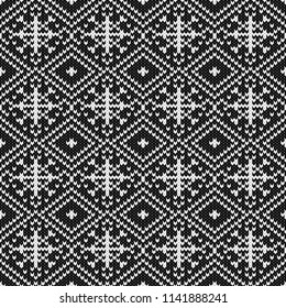 Abstract monochrome knitted seamless pattern. Knit texture sheme swatch for new year card, christmas invitation, holiday wrapping paper, winter vacation travel and ski resort advertising etc.