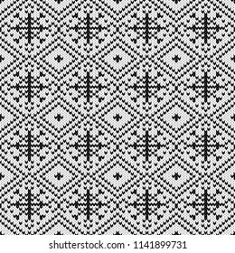 Abstract monochrome knitted seamless pattern. Knit texture sheme swatch for new year card, christmas invitation, holiday wrapping paper, winter vacation travel and ski resort advertising etc.