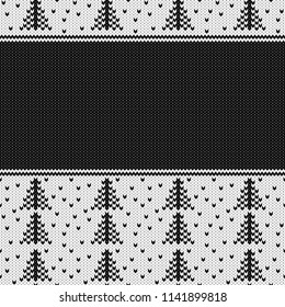 Abstract monochrome knitted seamless pattern. Knit texture sheme swatch for new year card, christmas invitation, holiday wrapping paper, winter vacation travel and ski resort advertising etc.