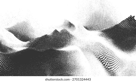 Abstract monochrome landscape created with dots and gradients, black and white.