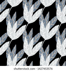 Abstract monochrome leaves wallpaper on black background. Hand draw tropical seamless pattern. Design for fabric, textile print, wrapping. Vector illustration