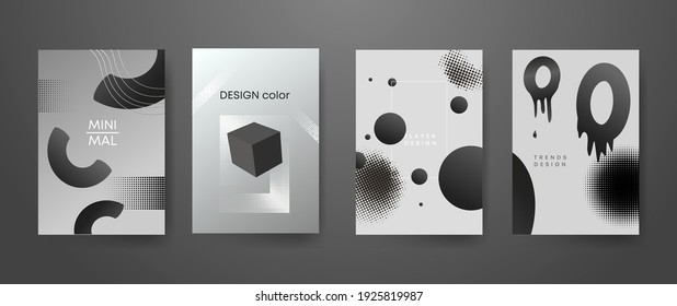 Abstract monochrome liquid shapes background. Gray futuristic design with dynamic drops and geometric falling digital vector clouds.