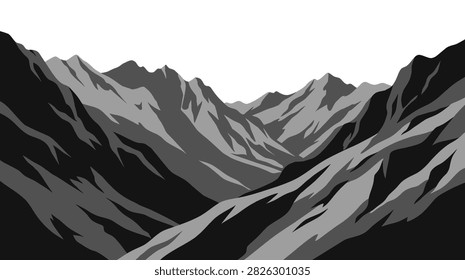 Abstract monochrome mountain range with sharp, angular peaks and deep shadows. Minimalist landscape.