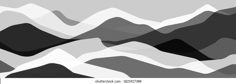 Resumen Montañas monocromáticas iluminadas, ondas translúcidas, formas de vidrio abstracción, fondo moderno, imagen de diseño vectorial para su proyecto