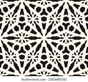 Abstract monochrome ornamental geometric seamless pattern. Elegant floral lattice, mesh, weave, grid. Luxury background texture. Black and white ornament. Vector modern repeat design for decor, print