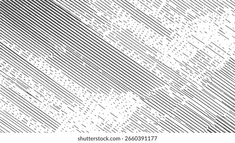 Padrão monocromático abstrato de linhas diagonais e pontos com uma aparência texturizada.