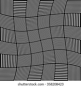 Abstract monochrome pattern with lines in squares with spiral, rotation distortion - deformation effect. Warped, asymmetric, irregular vector background.