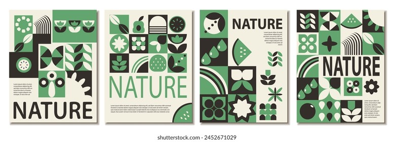 Abstract Monochrome Pattern Nature Geometric Poster: A Set of Four Eye-Catching Designs for World Earth Day shapes and green color. Design for social media, cover, brochure