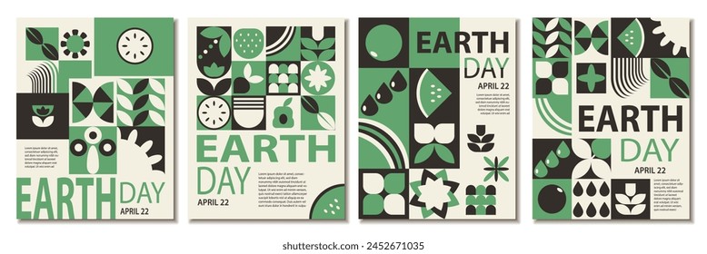 Abstract Monochrome Pattern Nature Geometric Poster: A Set of Four Eye-Catching Designs for World Earth Day shapes and green color. Design for social media, cover, brochure