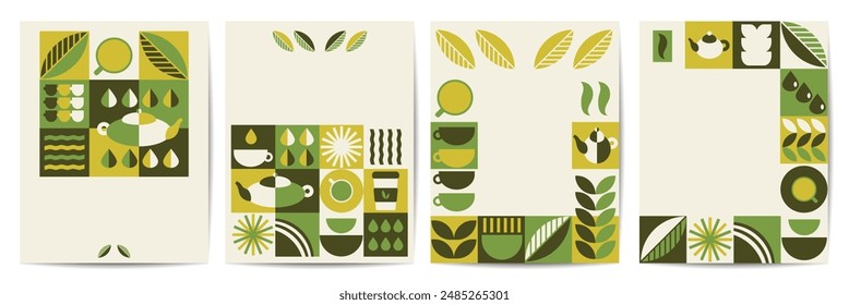 Abstract Monochrome Pattern Nature Tea Geometric Poster: A Set of Four Eye-Catching Designs for International Tea Day shapes and green color. Design for social media, cover, brochure