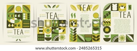 Abstract Monochrome Pattern Nature Tea Geometric Poster: A Set of Four Eye-Catching Designs for International Tea Day shapes and green color. Design for social media, cover, brochure