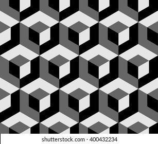 Abstract monochrome pattern with overlapping squares. Seamless 3d pattern. Grayscale, black and white background