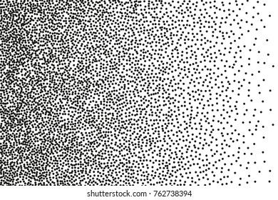 Abstract monochrome pattern. Random halftone. Pointillism style. Background with irregular, chaotic dots, points, circle. Grainy grunge texture. Black and white color. Vector illustration 