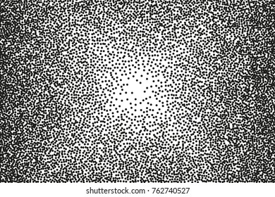 Abstract monochrome pattern. Random halftone. Pointillism style. Background with irregular, chaotic dots, points, circle. Grainy grunge texture. Black and white color. Vector illustration