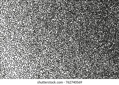 Abstract monochrome pattern. Random halftone. Pointillism style. Background with irregular, chaotic dots, points, circle. Grainy grunge texture. Black and white color. Vector illustration