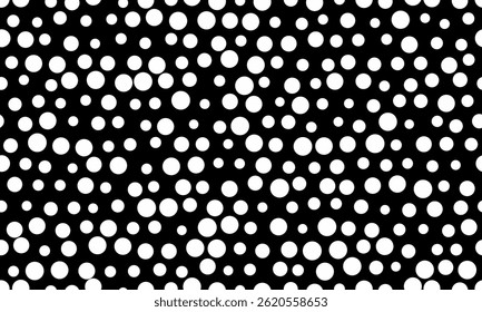 Abstraktes monochromes Muster mit unterschiedlich großen weißen Kreisen auf schwarzem Hintergrund.  Perfekt für modernes Design, Website-Hintergründe, Textildrucke und digitale Kunstprojekte.