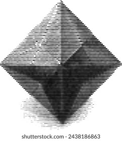 Abstract monochrome polyhedron illustration with striped texture.