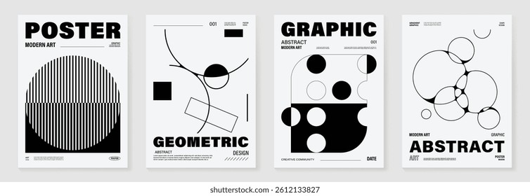 Abstract monochrome poster background vector set. Modern cover template with black and white perspective geometric prism shape, line. Ideal design for social media, banner, ads.