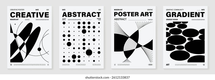 Abstract monochrome poster background vector set. Modern cover template with black and white perspective geometric prism shape, halftone dot, line. Ideal design for social media, banner, ads.