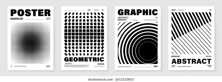 Abstract monochrome poster background vector set. Modern cover template with black and white perspective geometric prism shape, halftone dot, line. Ideal design for social media, banner, ads.