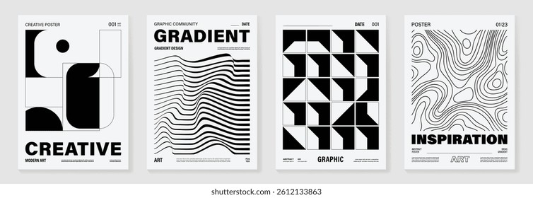 Abstract monochrome poster background vector set. Modern cover template with black and white perspective geometric prism shape, map, line. Ideal design for social media, banner, ads.