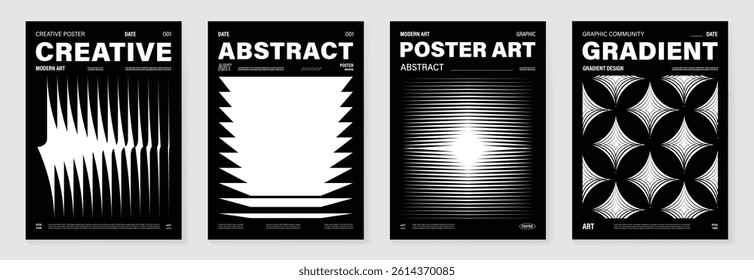 Abstract monochrome poster background vector set. Modern cover template with black and white perspective geometric prism shape, halftone dot, line. Ideal design for social media, banner, ads.