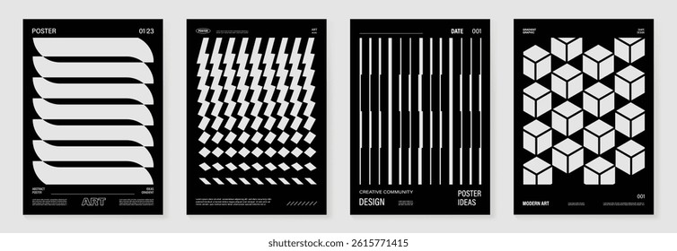 Abstract monochrome poster background vector set. Modern cover template with black and white perspective geometric prism shape, halftone dot, line. Ideal design for social media, banner, ads.