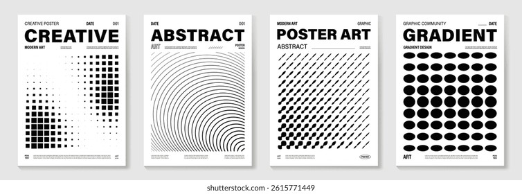 Abstract monochrome poster background vector set. Modern cover template with black and white perspective geometric prism shape, halftone dot, line. Ideal design for social media, banner, ads.