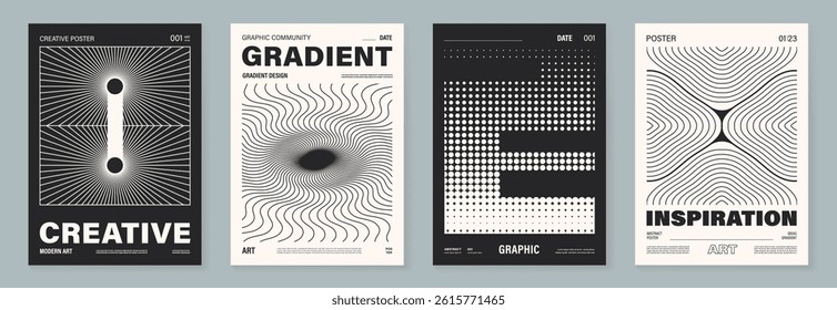 Abstract monochrome poster background vector set. Modern cover template with black and white perspective geometric prism shape, halftone dot, line. Ideal design for social media, banner, ads.