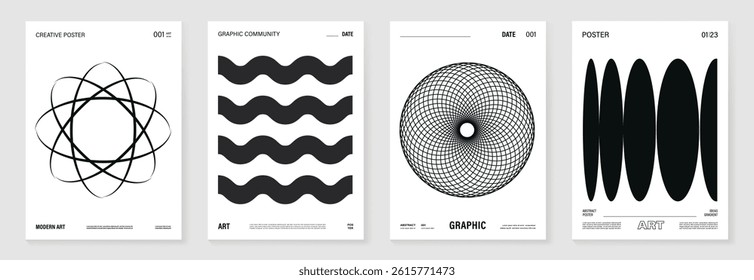 Abstract monochrome poster background vector set. Modern cover template with black and white perspective geometric prism shape, halftone dot, line. Ideal design for social media, banner, ads.