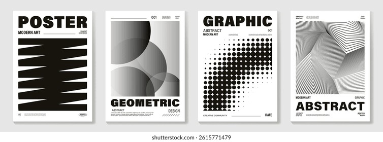 Abstract monochrome poster background vector set. Modern cover template with black and white perspective geometric prism shape, halftone dot, line. Ideal design for social media, banner, ads.
