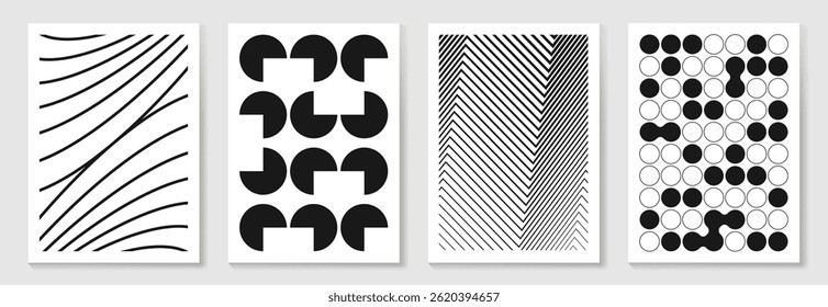 Abstract monochrome poster background vector set. Modern cover template with black and white perspective geometric prism shape, halftone dot, line. Ideal design for social media, banner, ads.