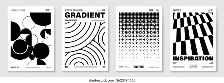 Abstract monochrome poster background vector set. Modern cover template with black and white perspective geometric prism shape, halftone dot, line. Ideal design for social media, banner, ads.