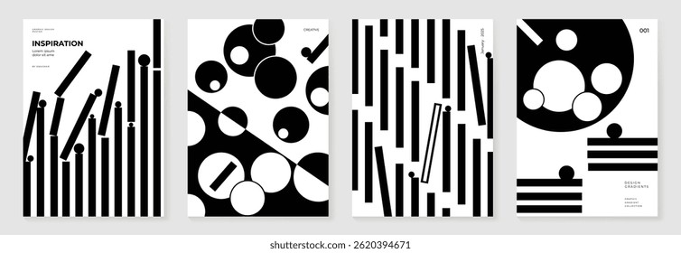 Abstract monochrome poster background vector set. Modern cover template with black and white perspective geometric prism shape, halftone dot, line. Ideal design for social media, banner, ads.