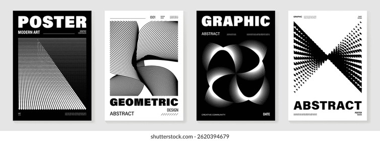 Abstract monochrome poster background vector set. Modern cover template with black and white perspective geometric prism shape, halftone dot, line. Ideal design for social media, banner, ads.