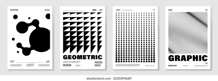 Abstract monochrome poster background vector set. Modern cover template with black and white perspective geometric prism shape, halftone dot, line. Ideal design for social media, banner, ads.