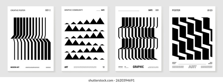 Conjunto de vetores de fundo de poster monocromático abstrato. Modelo de capa moderna com perspectiva preto e branco forma prisma geométrica, ponto de meio-tom, linha. Design ideal para mídia social, banner, anúncios.
