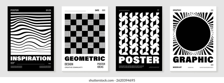 Abstract monochrome poster background vector set. Modern cover template with black and white perspective geometric prism shape, halftone dot, line. Ideal design for social media, banner, ads.