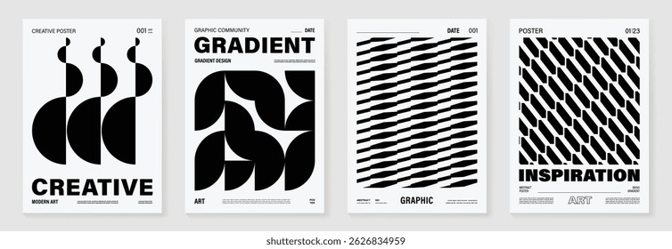 Conjunto de vetores de fundo de poster monocromático abstrato. Modelo de capa moderna com perspectiva preto e branco forma prisma geométrica, ponto de meio-tom, linha. Design ideal para mídia social, banner, anúncios.