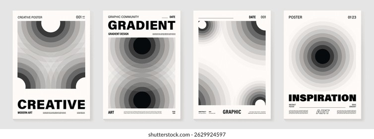 Abstract monochrome poster background vector set. Modern cover template with black and white perspective geometric prism shape. Ideal design for social media, banner, ads.