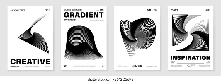 Abstract monochrome poster background vector set. Modern cover template with black and white perspective geometric prism shape, line. Ideal design for social media, banner, ads.
