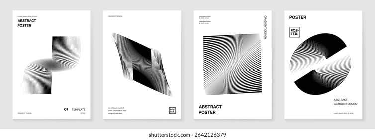 Abstract monochrome poster background vector set. Modern cover template with black and white perspective geometric prism shape, line. Ideal design for social media, banner, ads.
