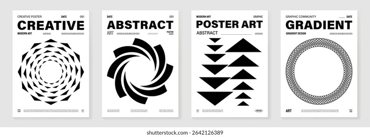 Abstract monochrome poster background vector set. Modern cover template with black and white perspective geometric prism shape, line. Ideal design for social media, banner, ads.