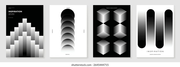 Abstract monochrome poster background vector set. Modern cover template with black and white perspective geometric prism shape, halftone dot, line. Ideal design for social media, banner, ads.