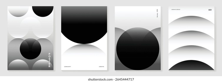 Abstract monochrome poster background vector set. Modern cover template with black and white perspective geometric prism shape, halftone dot, line. Ideal design for social media, banner, ads.