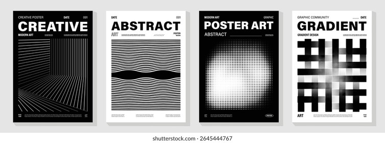 Abstract monochrome poster background vector set. Modern cover template with black and white perspective geometric prism shape, halftone dot, line. Ideal design for social media, banner, ads.