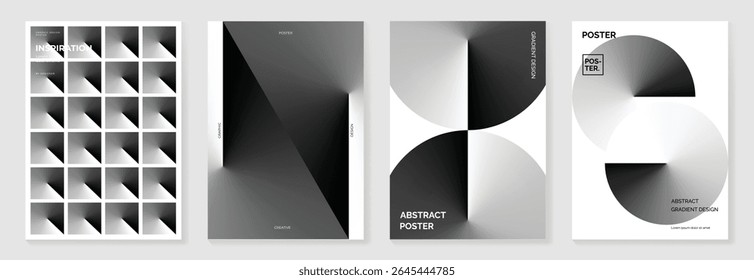 Abstract monochrome poster background vector set. Modern cover template with black and white perspective geometric prism shape, halftone dot, line. Ideal design for social media, banner, ads.