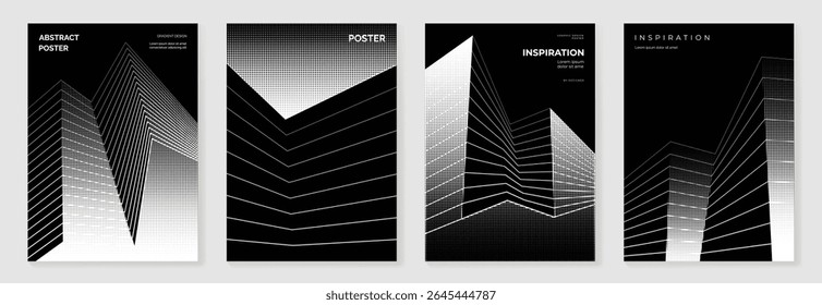 Abstract monochrome poster background vector set. Modern cover template with black and white perspective geometric prism shape, halftone dot, line. Ideal design for social media, banner, ads.
